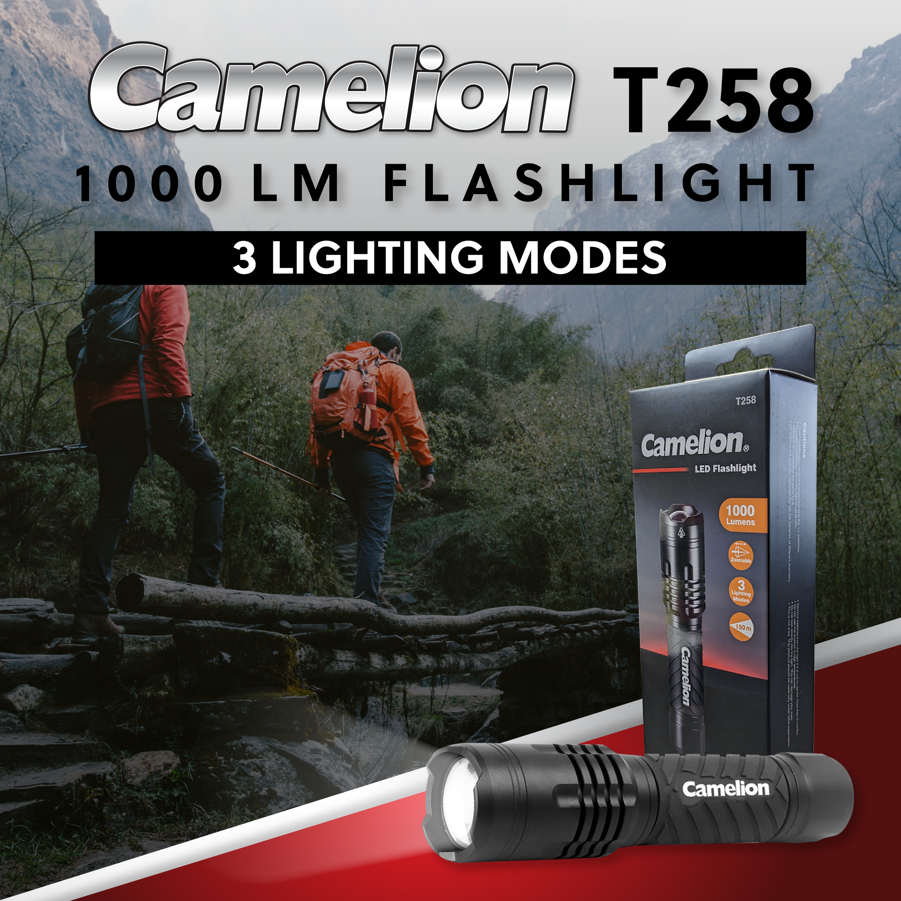Camelion T258 1000LM LED Flashlight showcasing its durable aluminum body and adjustable focus beam.